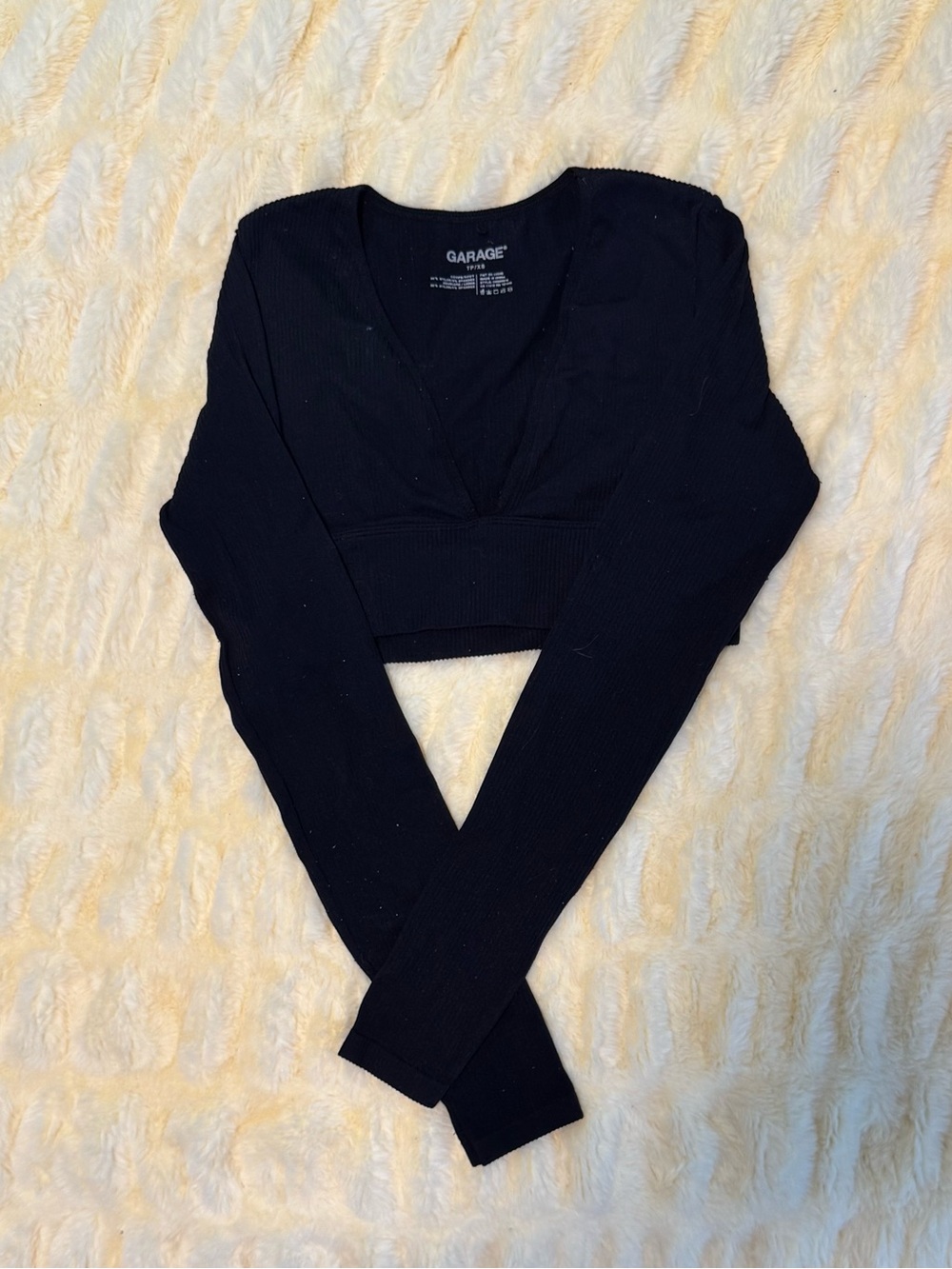 Garage Black Ribbed Long Sleeve Plunge Crop Top